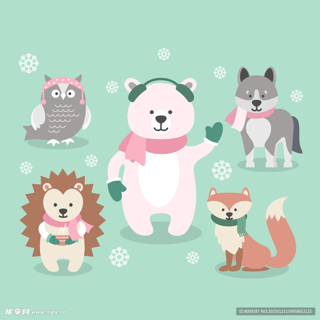 冬季扁平风卡通小动物插画