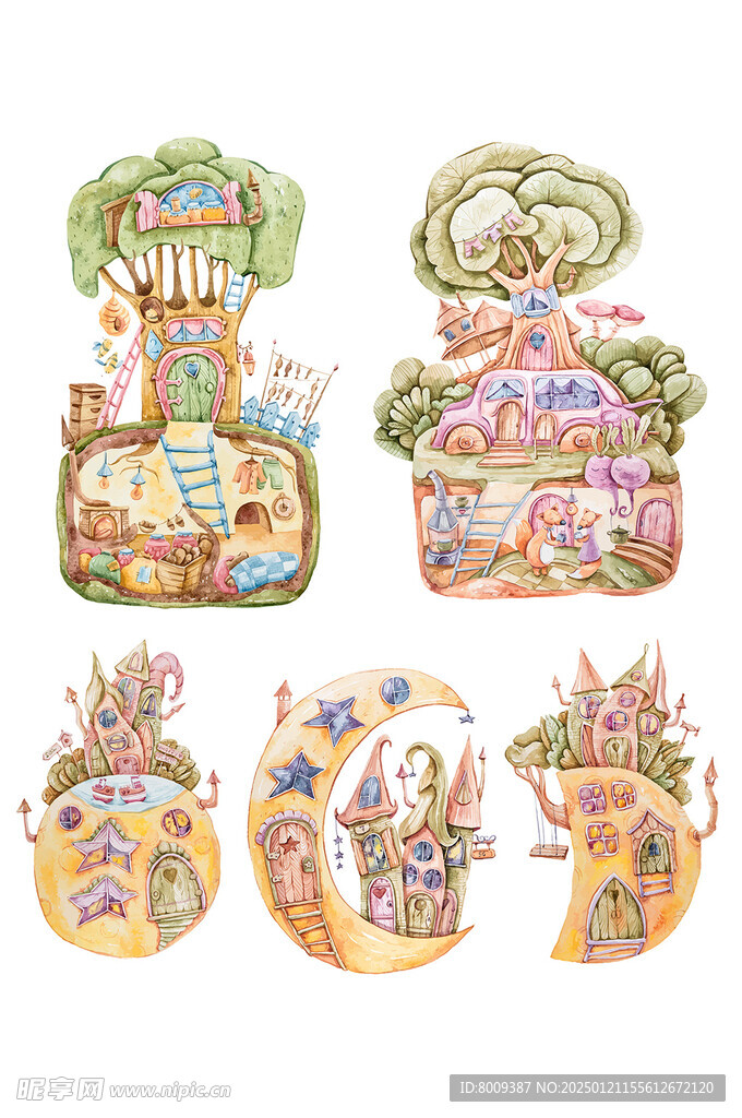 彩铅童话屋矢量插画元素