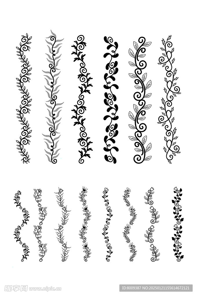 黑色线描花草花边矢量元素