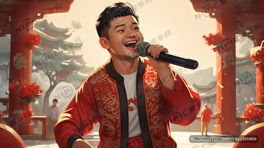 男主角手拿麦克风歌唱新年恭喜发