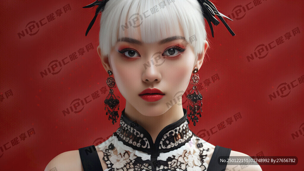 真实人物 黑色吊带 红色背景