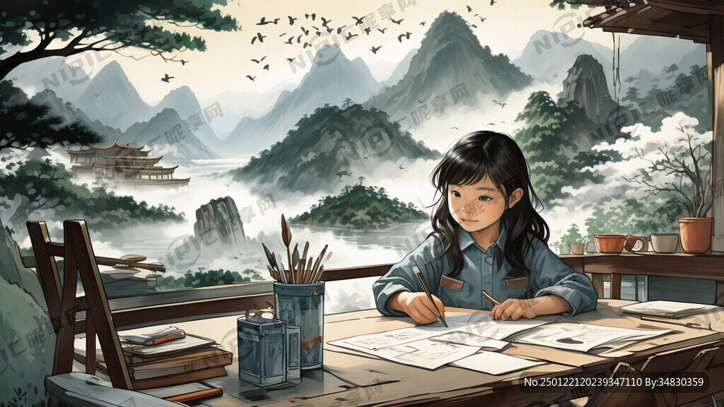 学生绘画 绿水青山就是金山银山