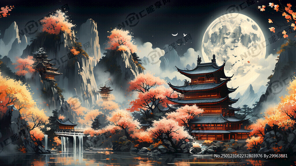 桂花 山水 古建筑 月亮