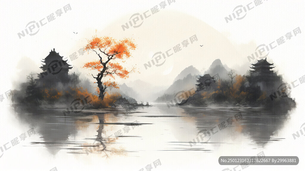 桂花 山水 古建筑 月亮