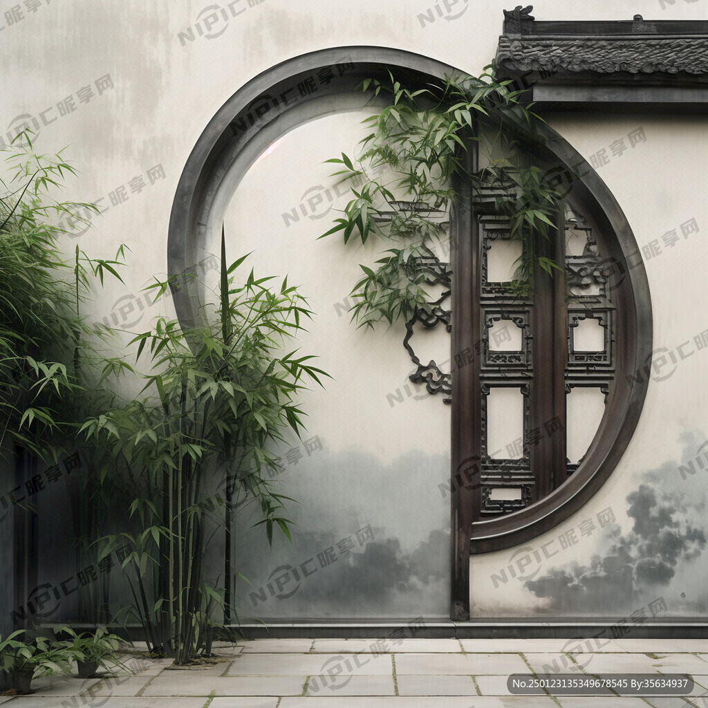 徽派建筑墙头伸出一枝竹子