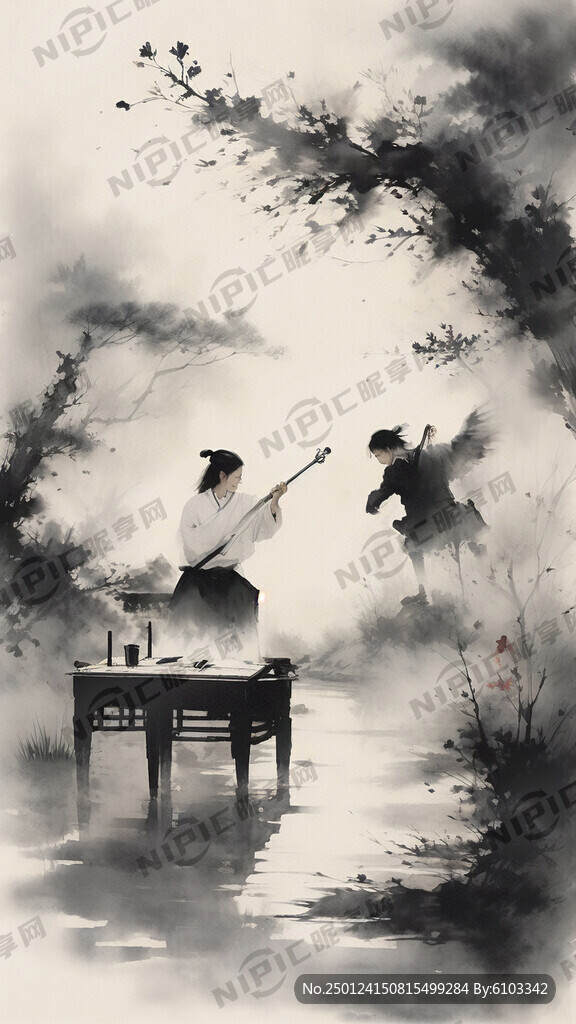 新春写福字拉二胡在同一个画面的