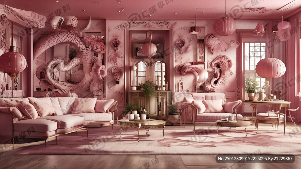 喜迎蛇年粉红色室内设计海报