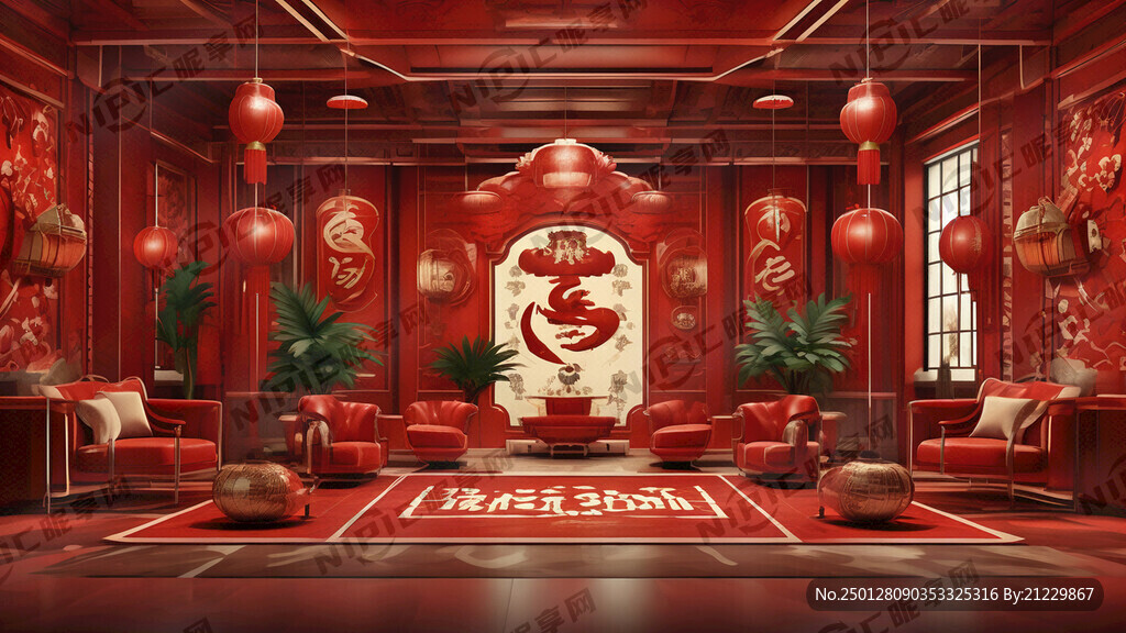 喜迎蛇年红色现代室内设计海报