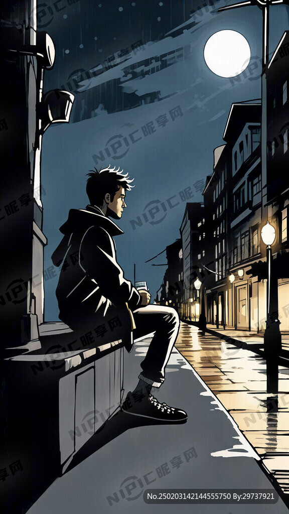 线条简笔漫画 空白背景 夜晚