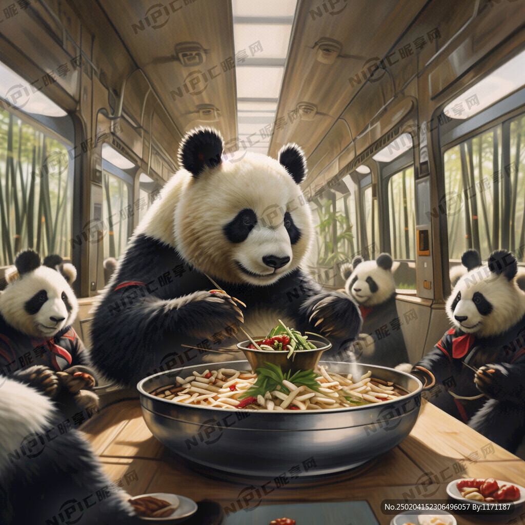 一只熊猫 在 高铁上 吃火锅