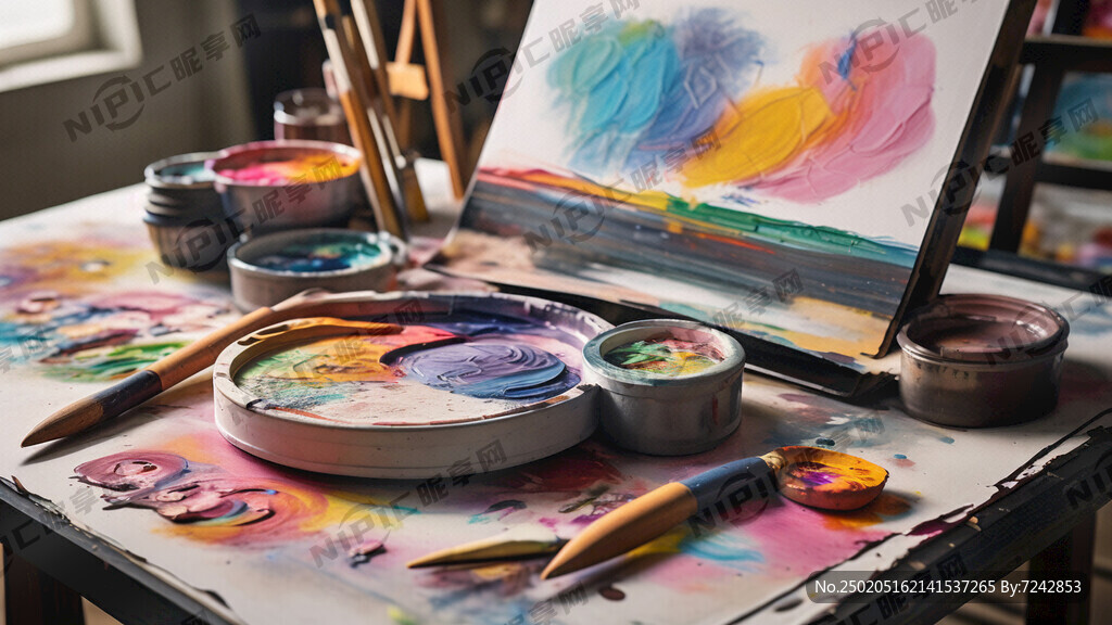 桌面上摆着水粉颜料 调色盘