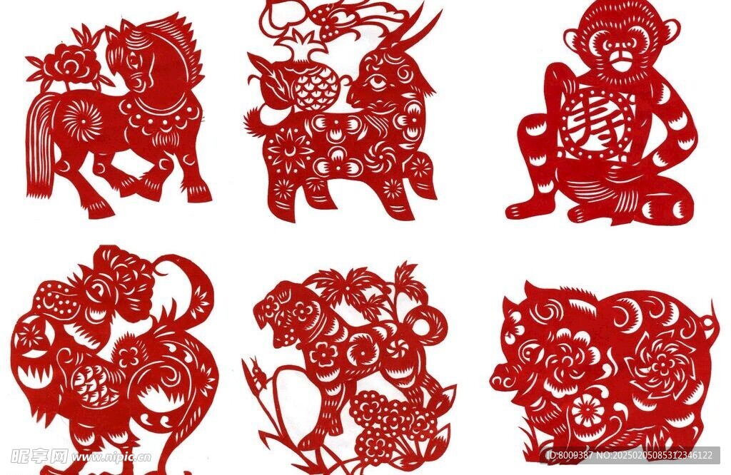红色喜庆十二生肖剪纸PSD元素