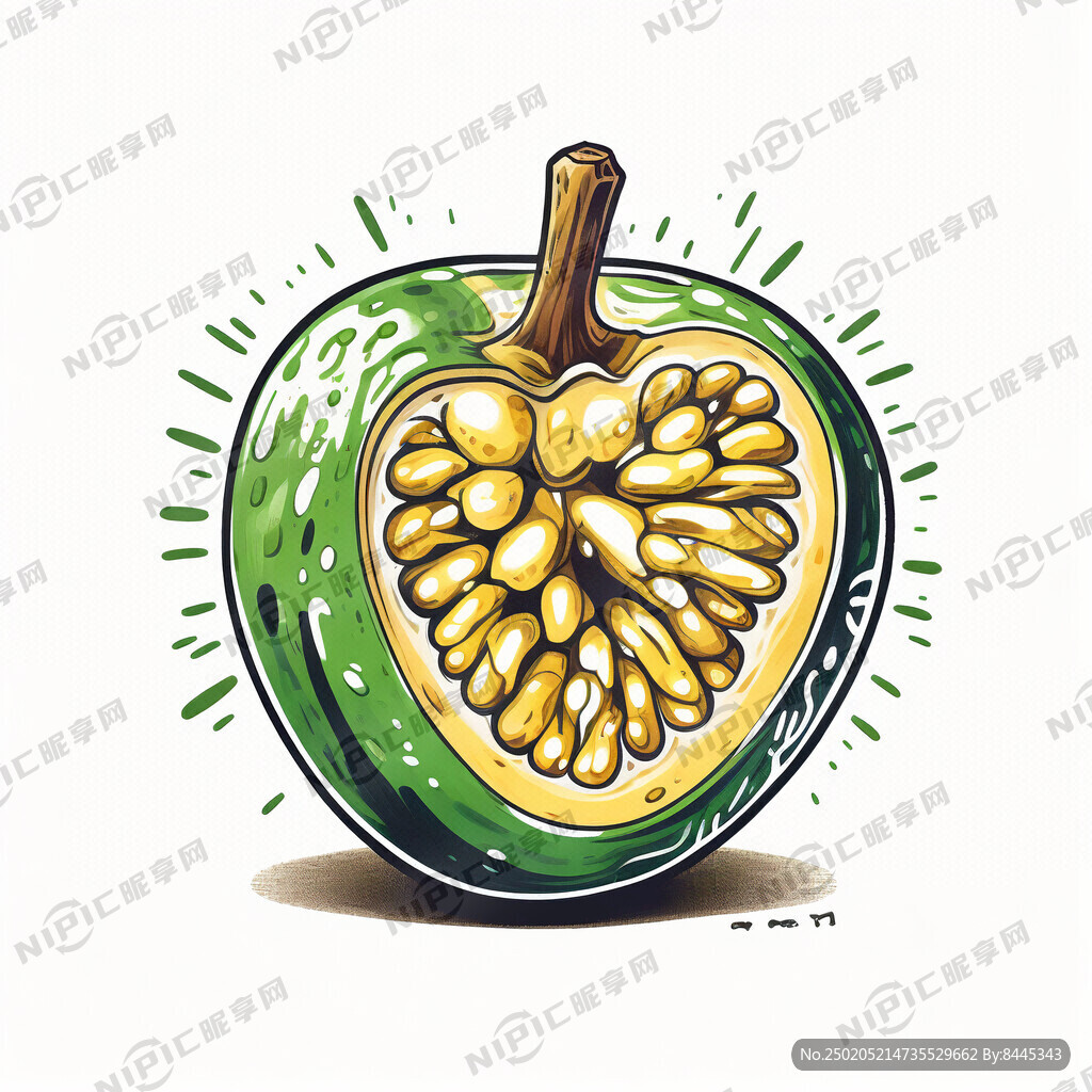 一颗手绘风格的青枣 对切一半