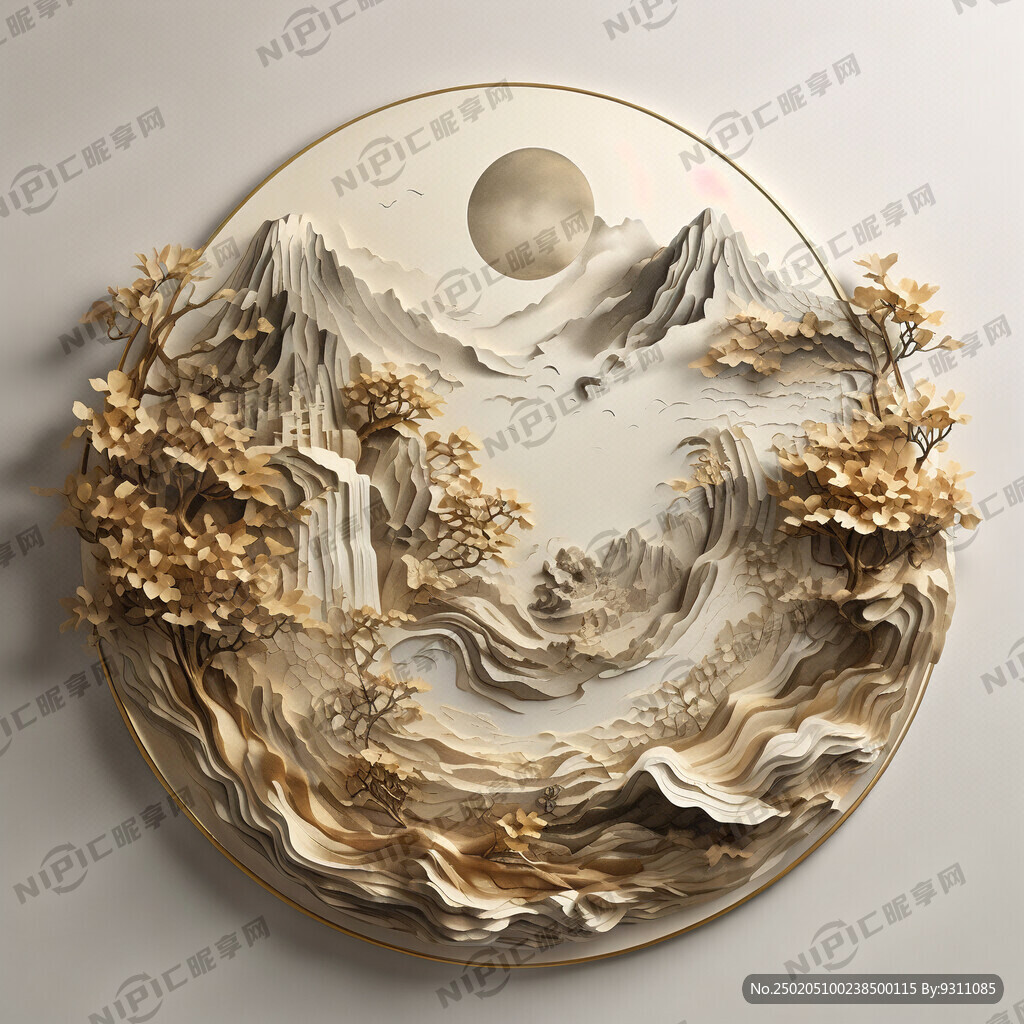 3D立体 浮雕山水 新中式轻奢