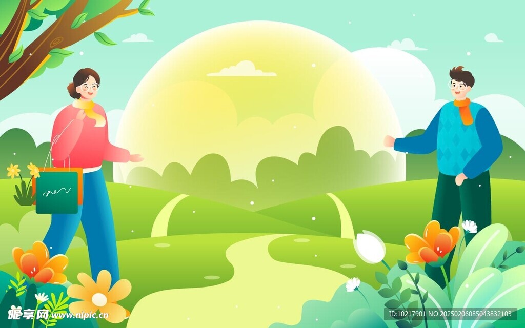 春天春游踏青插画