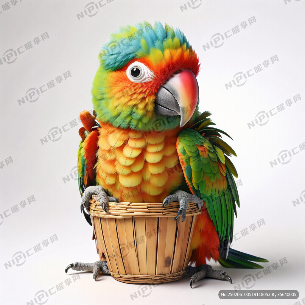 嘴里叼着一个空果篮的彩色鹦鹉