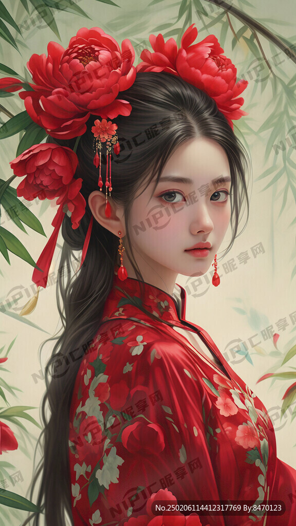 头戴红色牡丹花正面古装美女