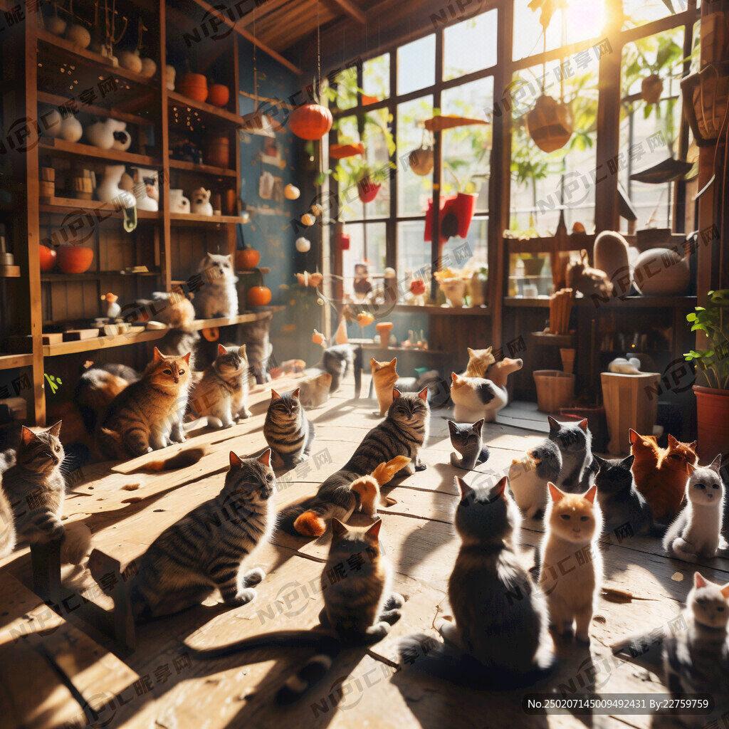 俯视的猫咖店里有很多猫咪在玩耍