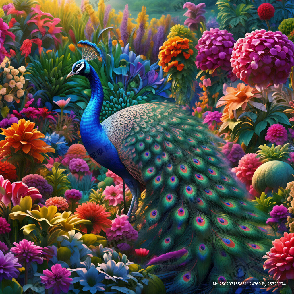 植物花海中开屏的孔雀