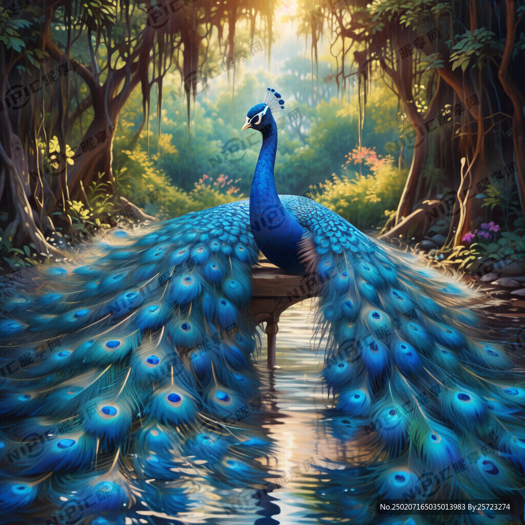 树林水池边开屏的蓝孔雀