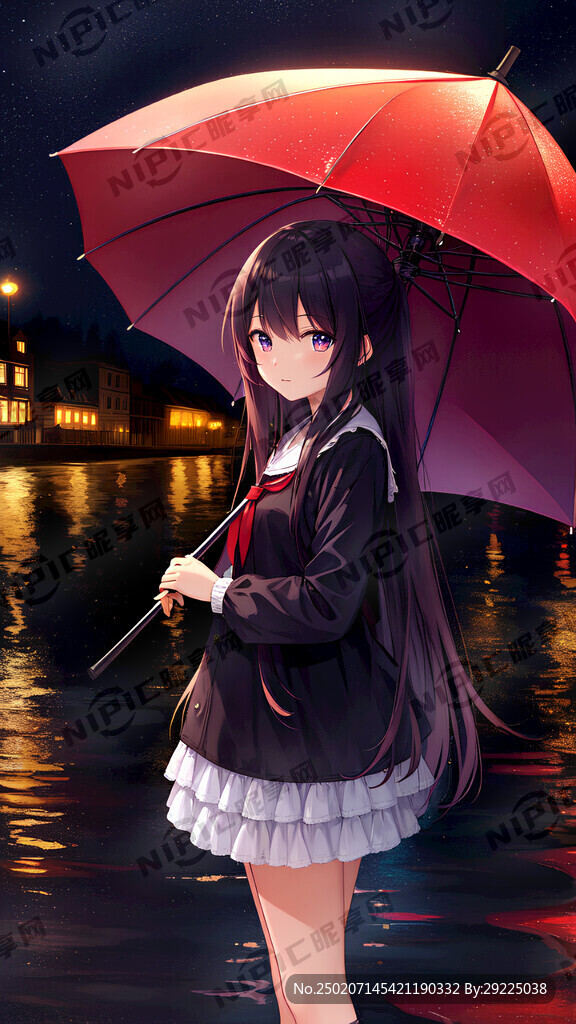雨夜。长发女孩 红雨伞
