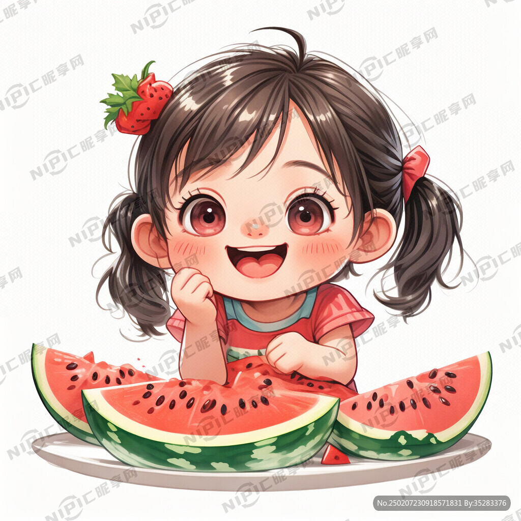 一个卡通小女孩 做着吃西瓜