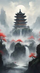 亭台楼阁流水瀑布，蓬莱仙境天宫阙，无活物山水画，高清，