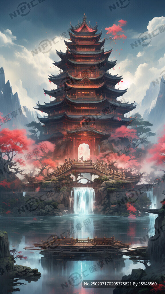 亭台楼阁流水瀑布天宫阙 高清