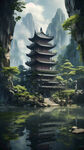 山水阁楼，高清，