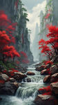 山水红色阁楼上流水，高清，