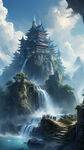 高山流水，阁楼，梦幻仙境，高清，蓝色天宫