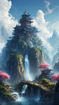 高山流水，阁楼，梦幻仙境，高清，蓝色天宫