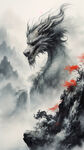 水墨青龙，梦幻仙境，高山流水，高清