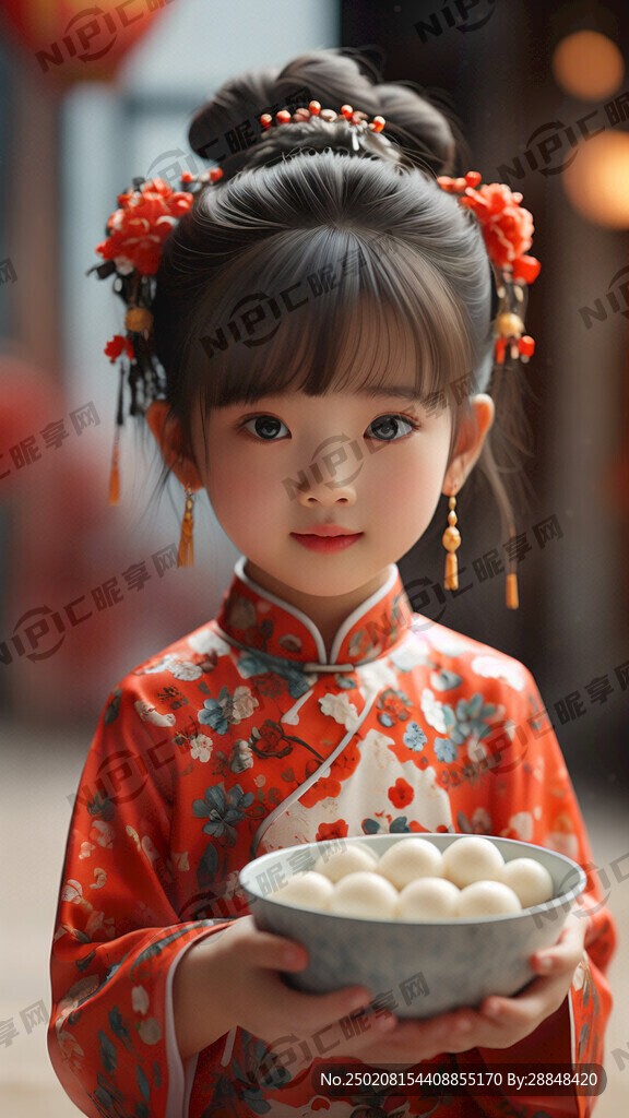 3D一个可爱的女孩端着一碗汤圆