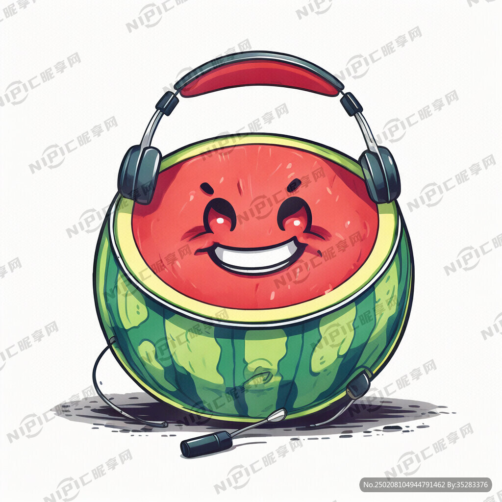 一个卡通西瓜带耳机听做音乐