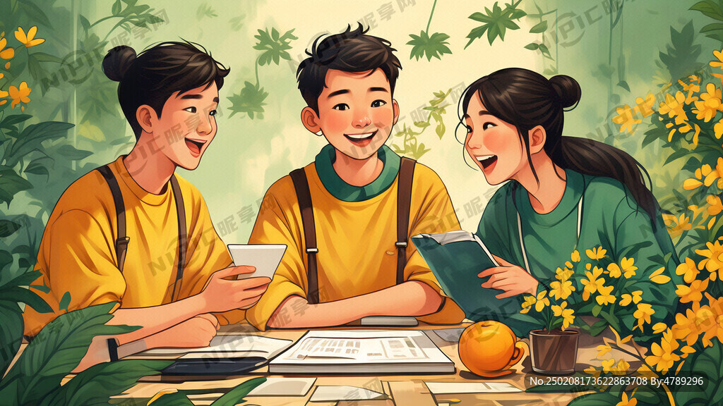 两三个年轻人 围在一起
