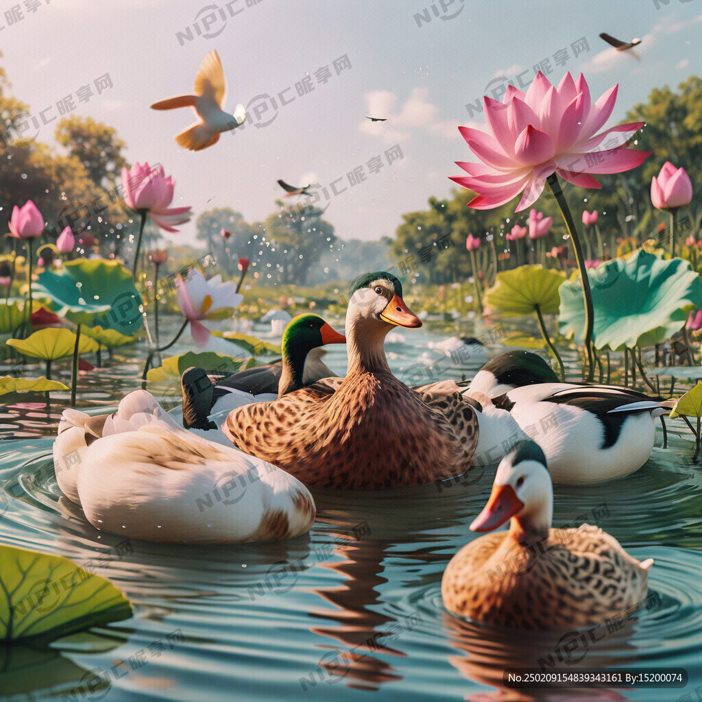背景有几只鸭子在水中游泳