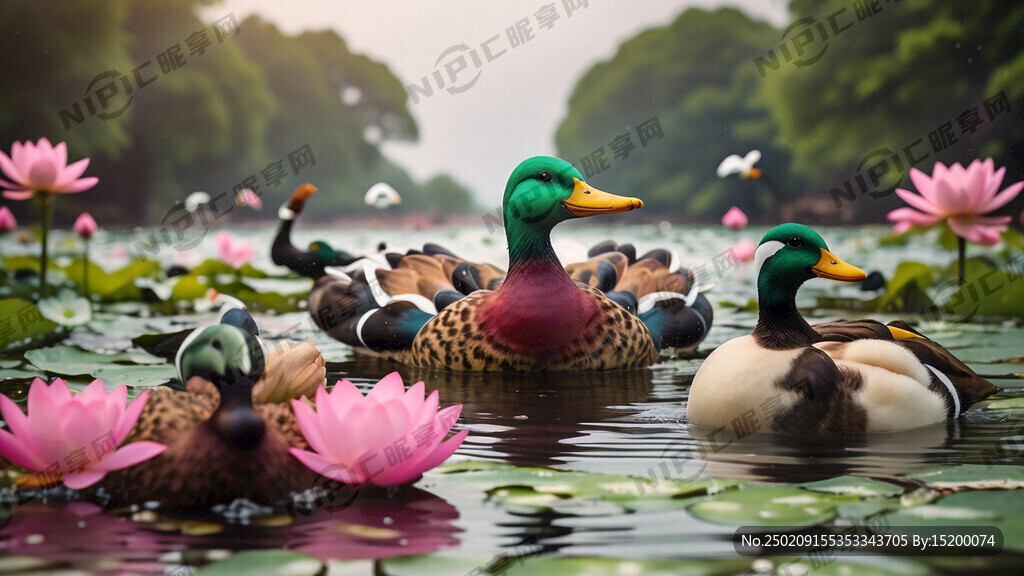背景有几只鸭子在水中游泳