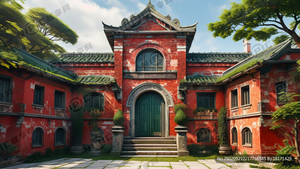 闽南红砖古厝抖音直播绿幕背景