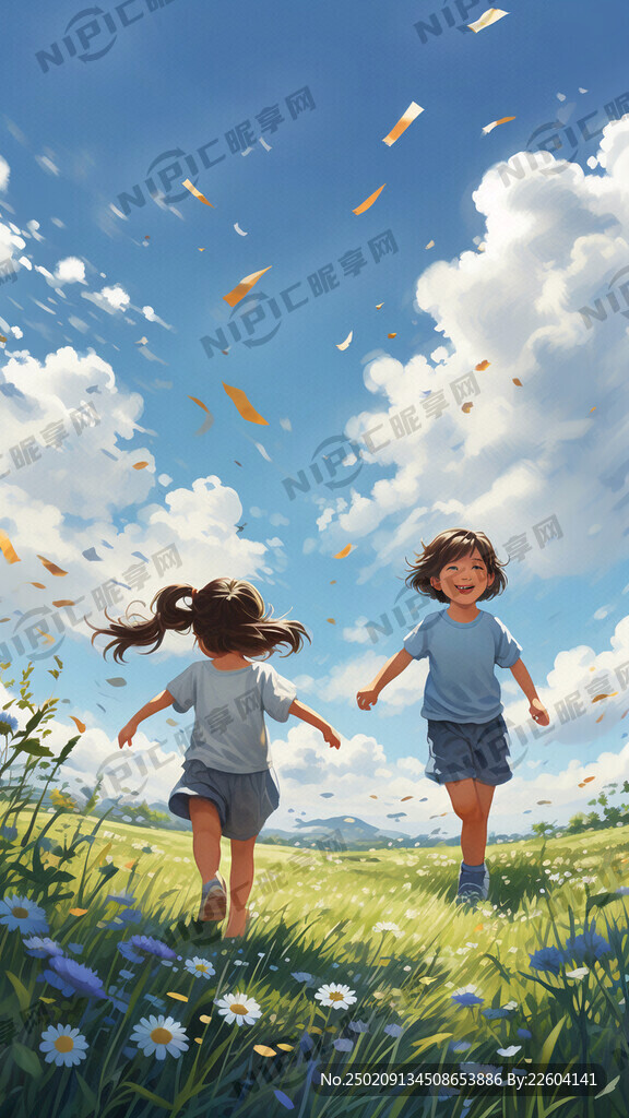 蓝天白云地草地小男孩小女孩在自