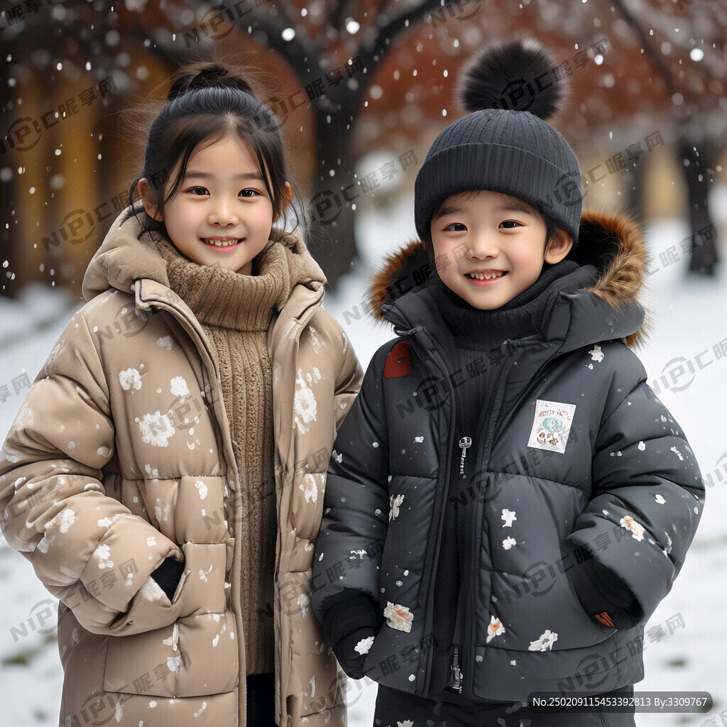穿羽绒服的男女小朋友
