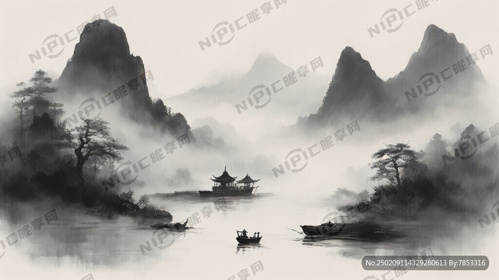 一幅传统水墨山水画 亭台古朴