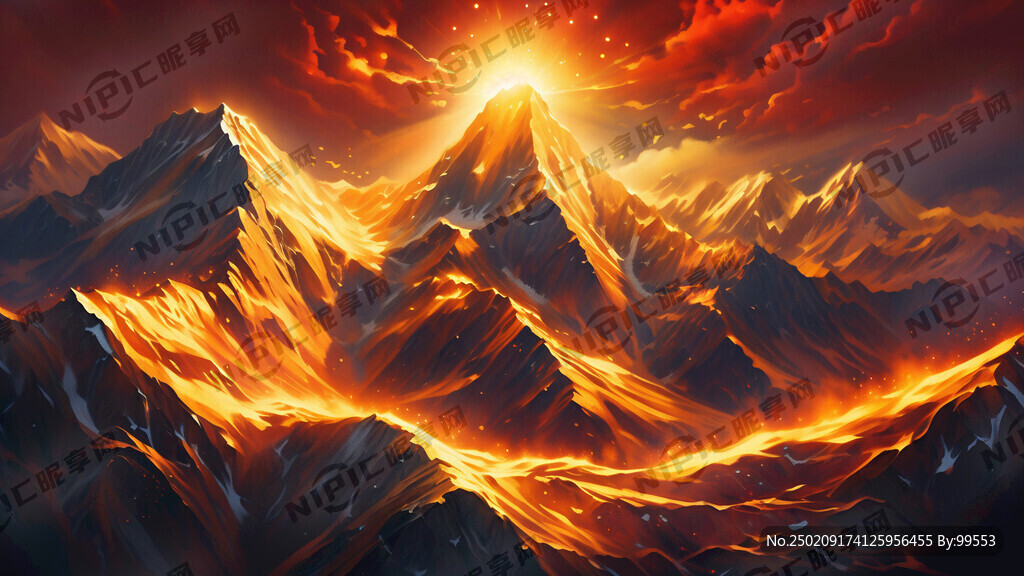 金色的高山 光芒四射 红色背景