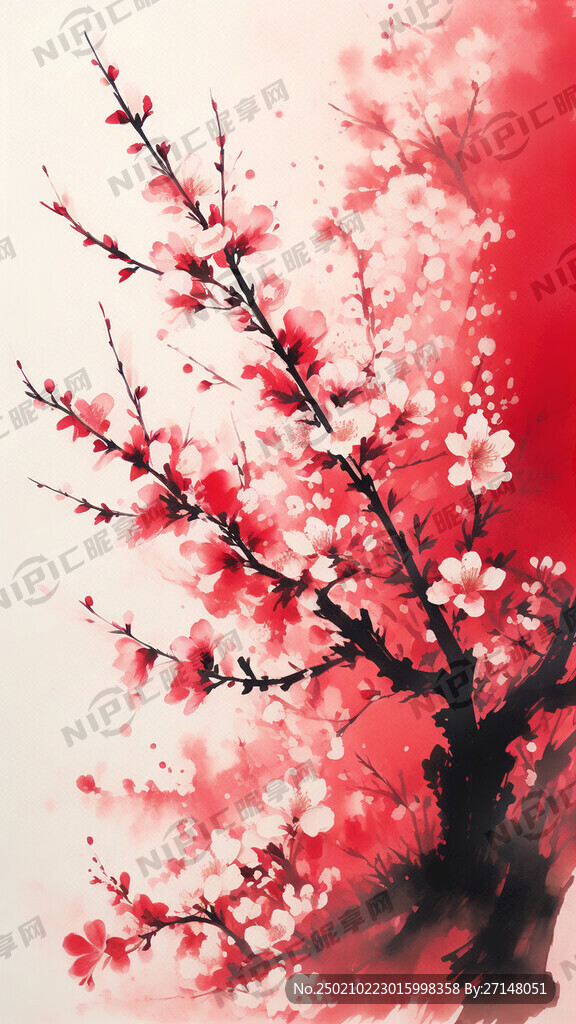 中国红的背景上 花枝繁盛