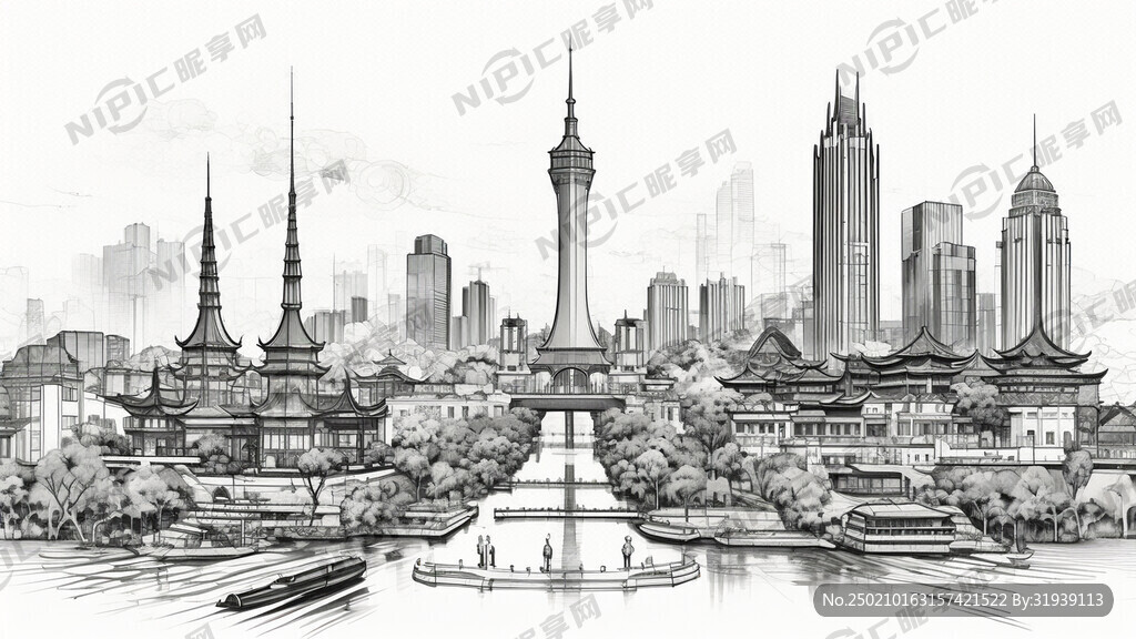 昆明 线稿 线描 地标建筑群