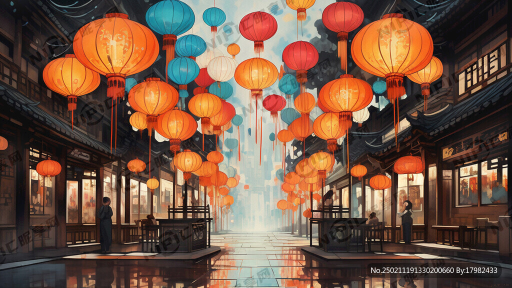 小吃街 古街 灯笼 烟火