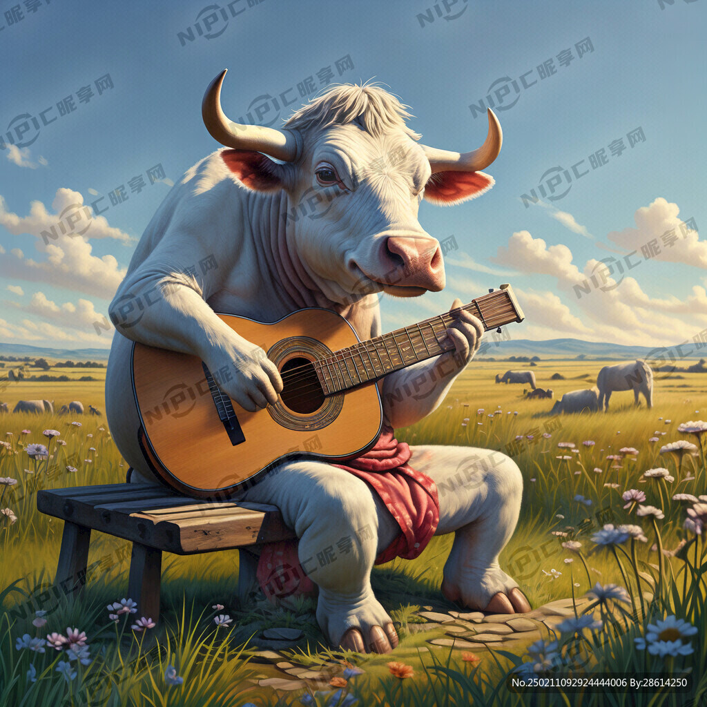 牛坐在草原的长凳上弹吉他