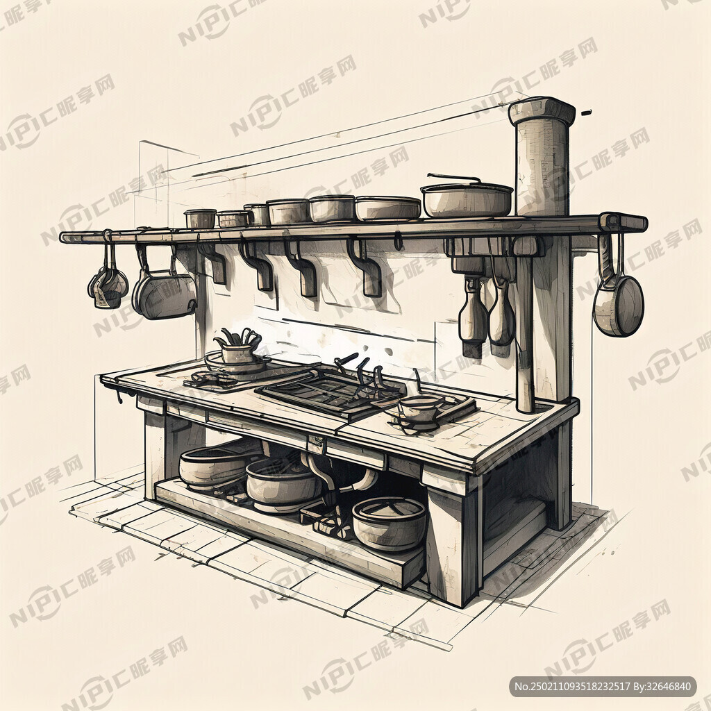古代炉灶  柴火灶  线条图