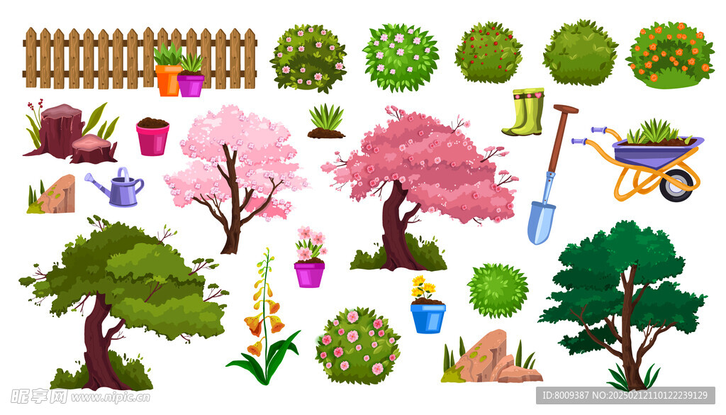 庭院绿植园艺工具卡通插画