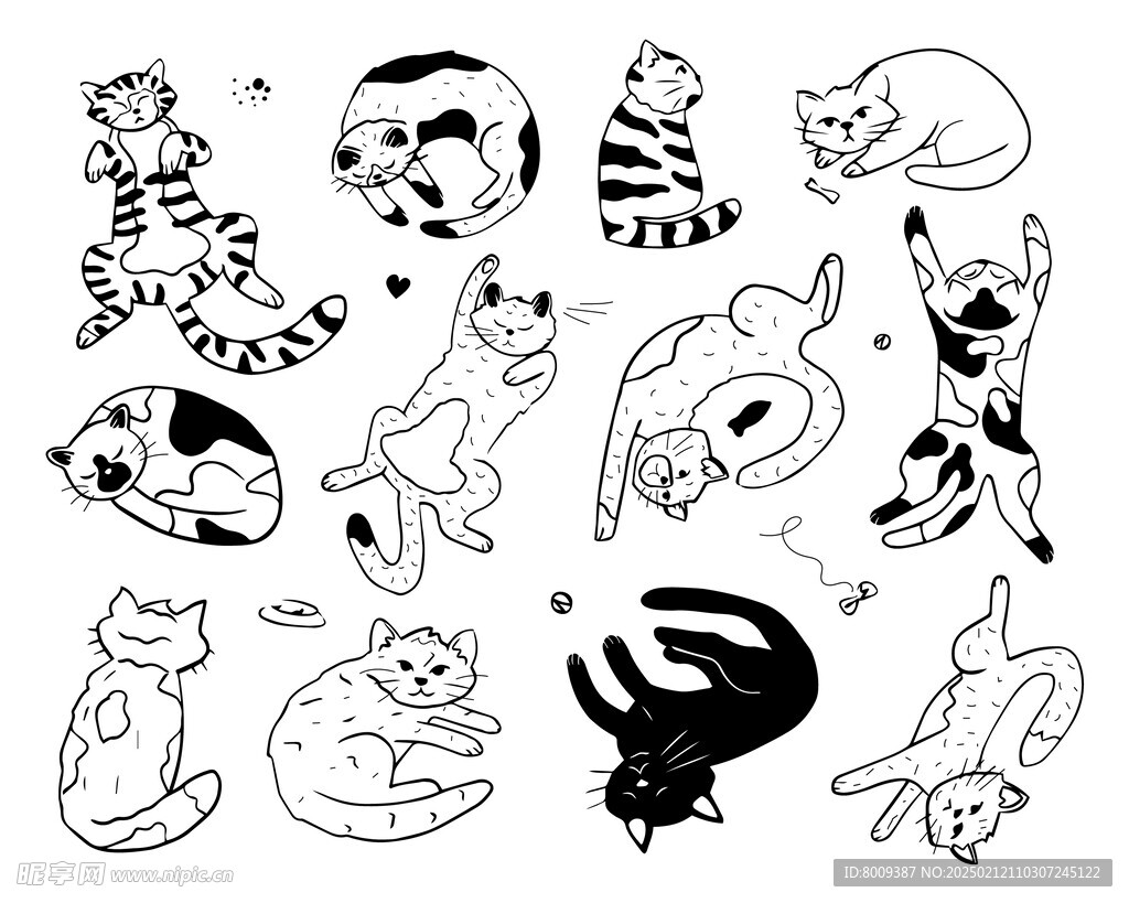 可爱手绘黑白素描猫咪元素